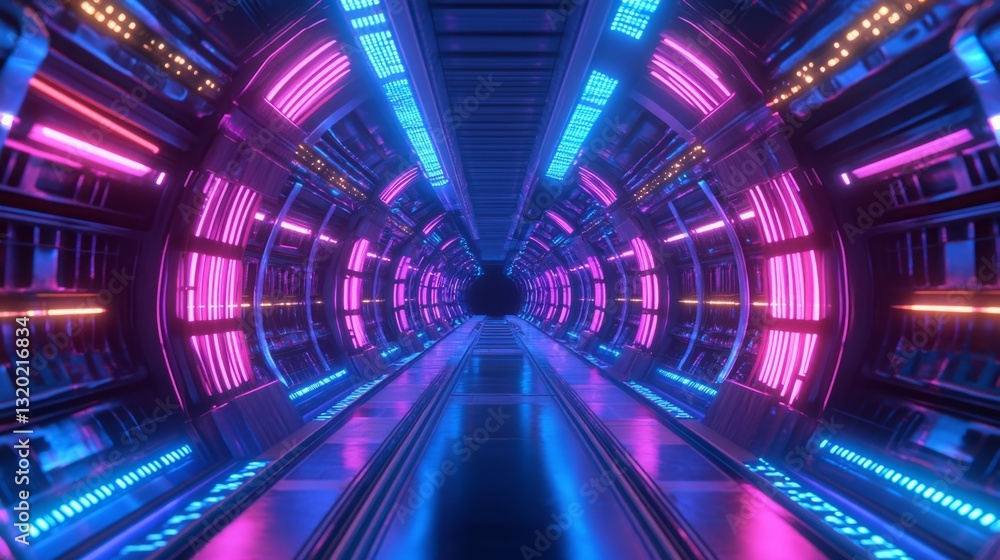 Obraz premium Abstract futuristic tunnel with glowing neon rings generative ai