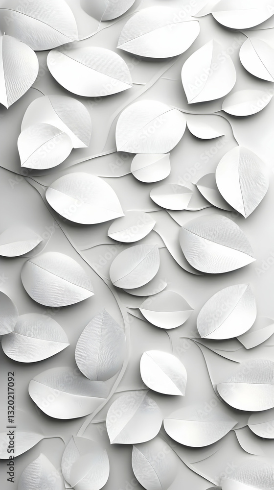 Abstract 3D Render of White Leaves Forming a Monochromatic Background Pattern Abstract 3D Render of White Leaves Forming a Monochromatic Background Pattern