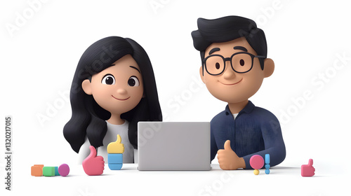3D Cartoon Illustration of a Man and Woman Working on a Laptop