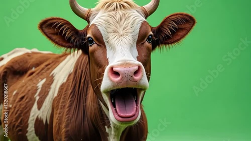 Cow speaking with mouth moving against a vibrant green screen background, large farm animal with black and white patches, ears flicking and eyes blinking, perfect for animation or special effects.  
