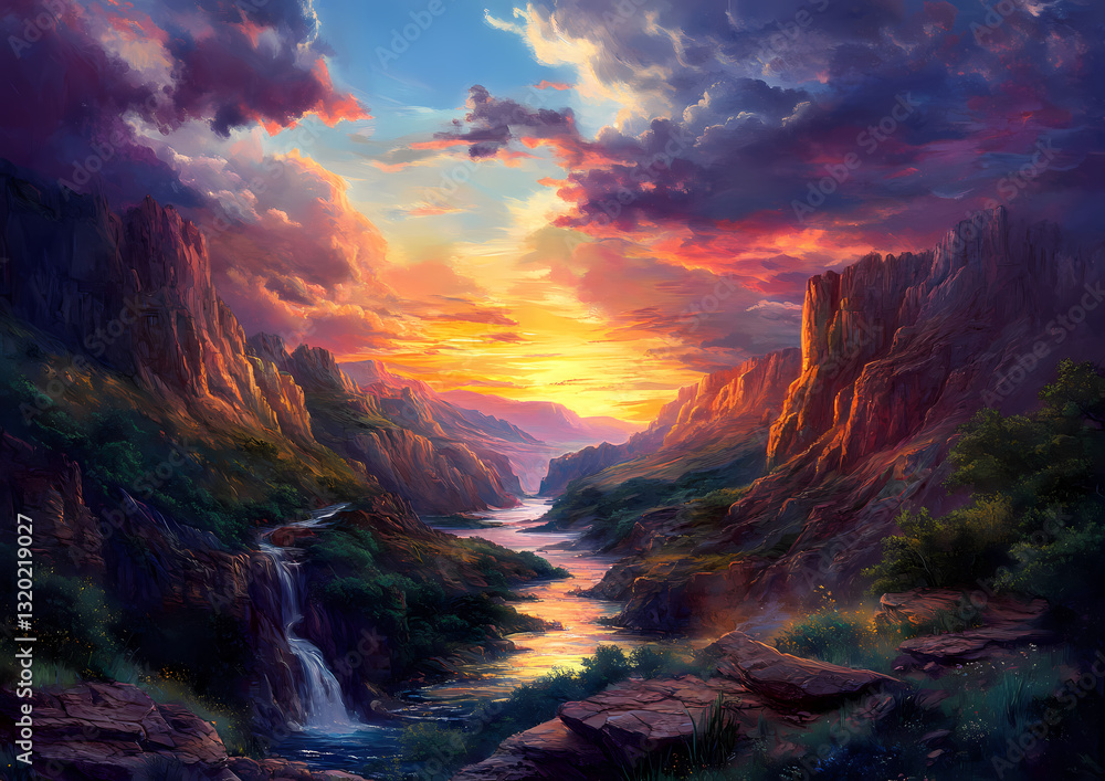 Fototapeta premium Majestic Canyon Sunset: A breathtaking landscape paints a vibrant scene, showcasing a serene river carving through a grand canyon under a dramatic sunset sky with shades of orange, purple, and gold.