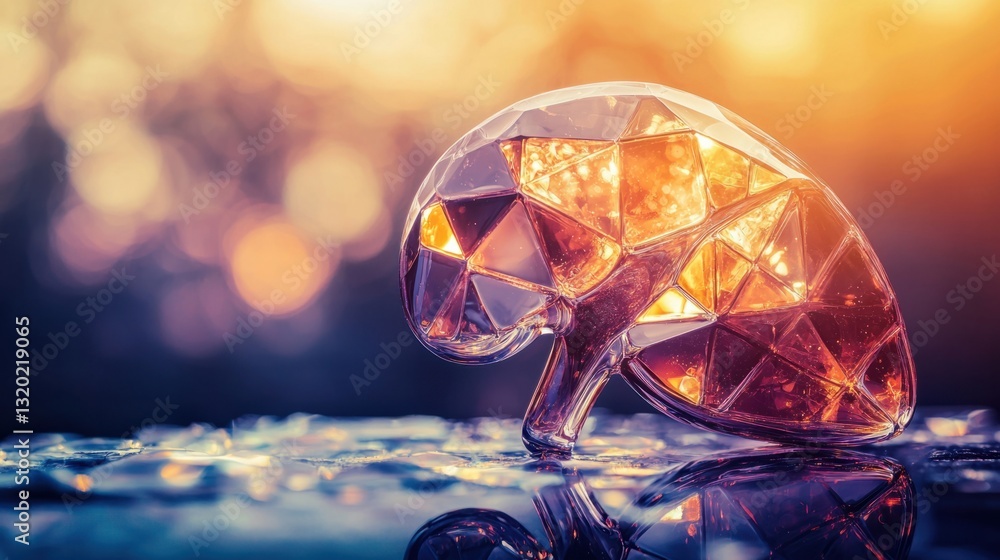 Glowing Crystal Brain Sculpture on Reflective Surface at Sunset Glowing Crystal Brain Sculpture on Reflective Surface at Sunset