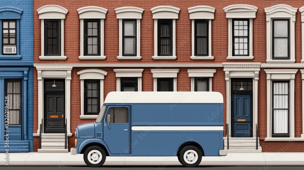 Fototapeta premium Blue delivery truck parked on a street with colorful brick townhouses featuring distinct architectural styles and vibrant facades in an urban setting