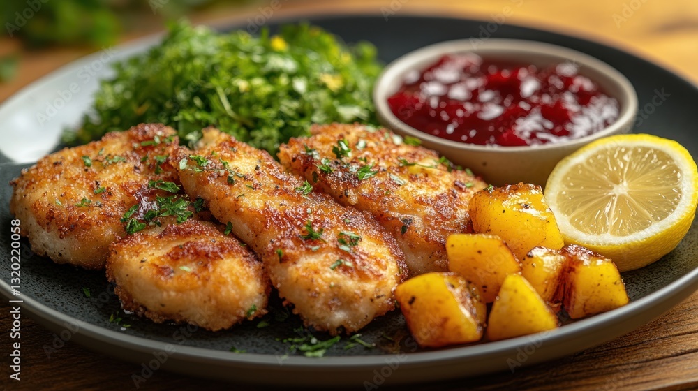 Crispy Breaded Fish with Roasted Potatoes and Cranberry Sauce Crispy Breaded Fish with Roasted Potatoes and Cranberry Sauce