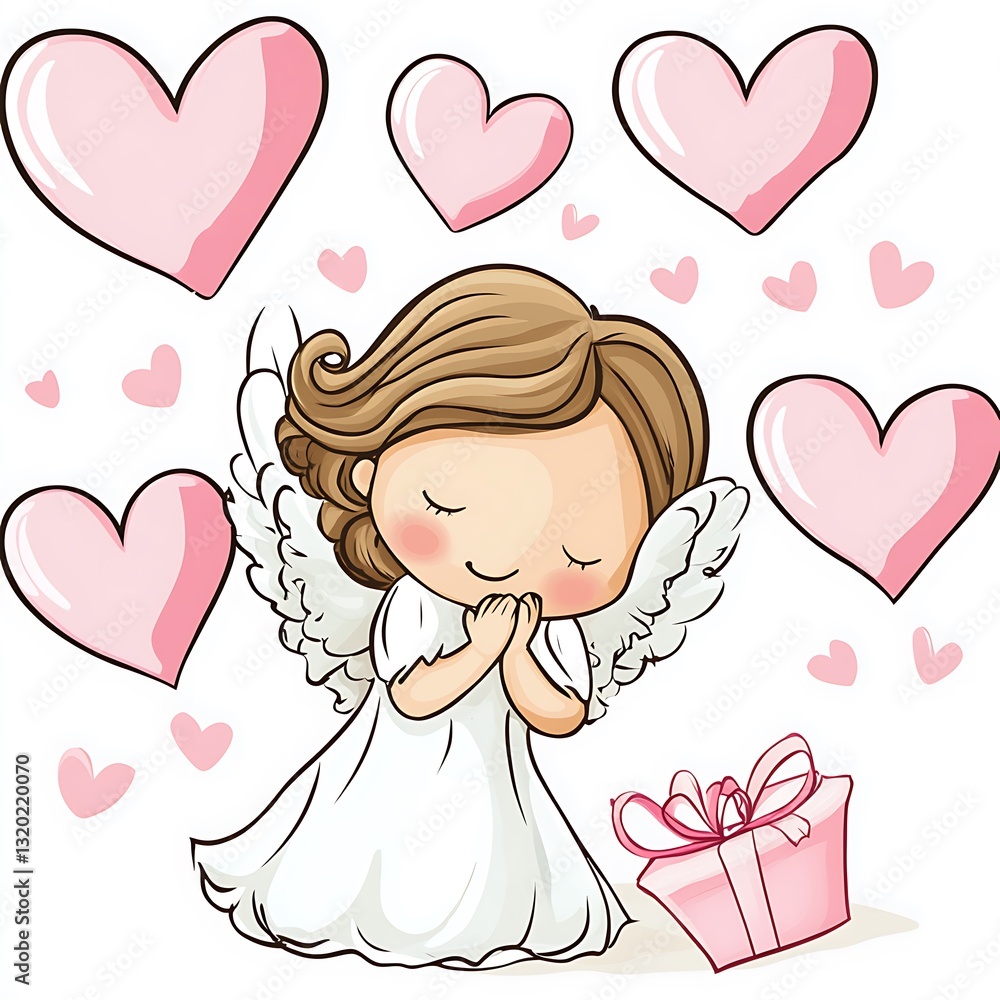 An illustrated angel surrounded by hearts with a gift box An illustrated angel surrounded by hearts with a gift box