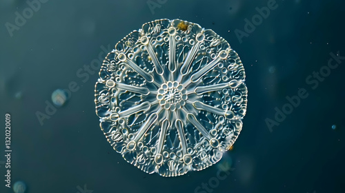 Detailed Microscopic View of a Transparent Diatom in Gray Background Featuring Circular Geometric Patterns Displayed in Aquatic Environment