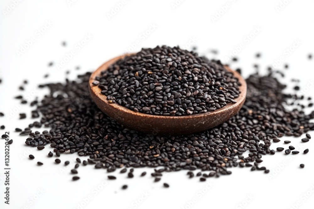 Hyper-Realistic Pile of Black Sesame Seeds on White Background Hyper-Realistic Pile of Black Sesame Seeds on White Background
