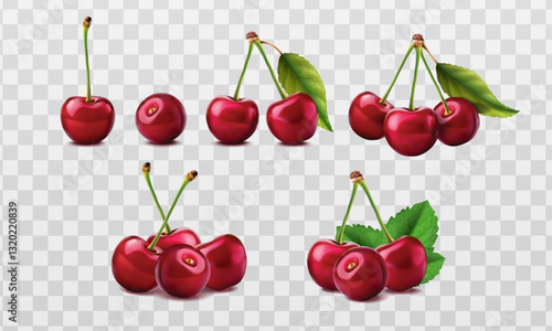3d realistic vector icon. set of red cherries,  whole cherry with green leaves for your mockup product. Isolated on white background.