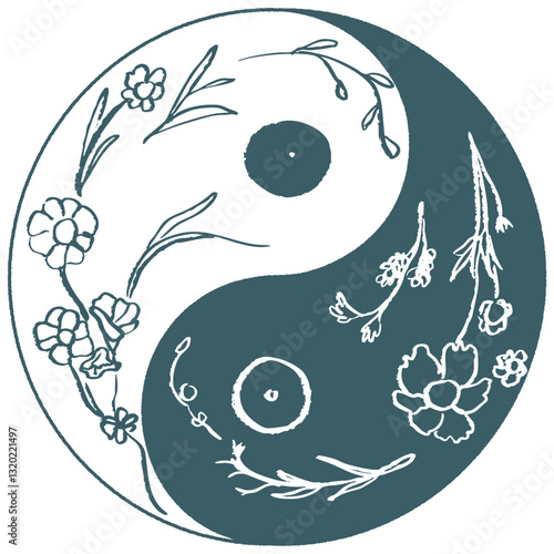花をあしらった手描きの太極図