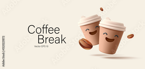 Funny emoji, smiling cheerful coffee cups, 3D. For advertising a cafe, breaks, discounts, and promotional offers. Vector illustration.