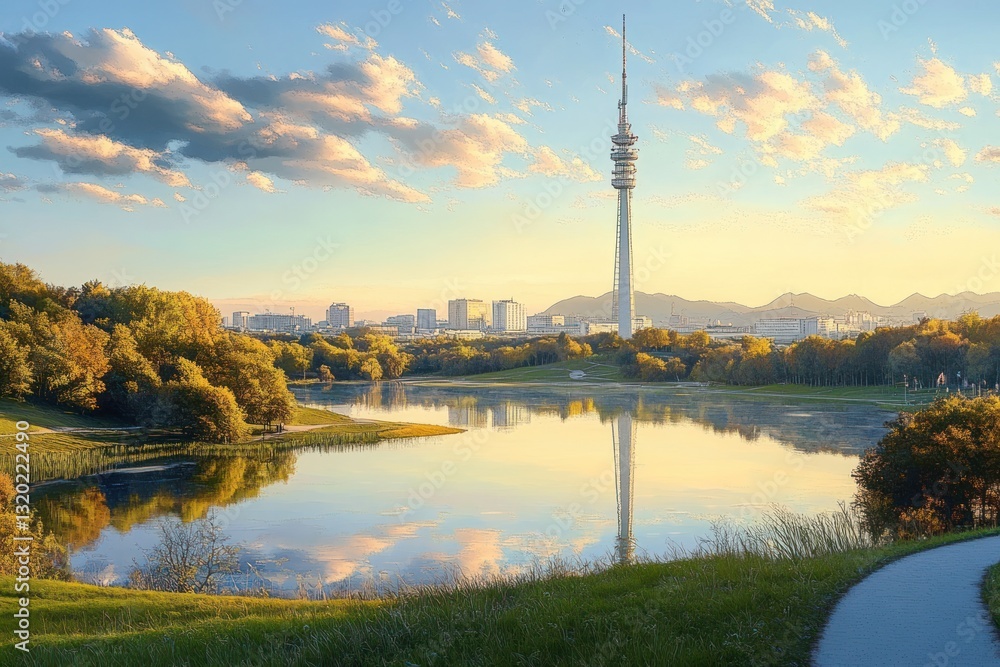 Obraz premium Munich Olympic Park at Sunset with Communication Tower and Lake