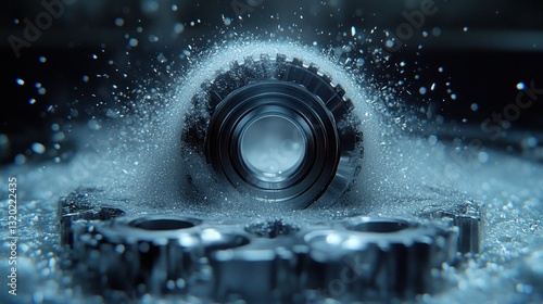Close-up of a metallic gear submerged in liquid, surrounded by spray and particles