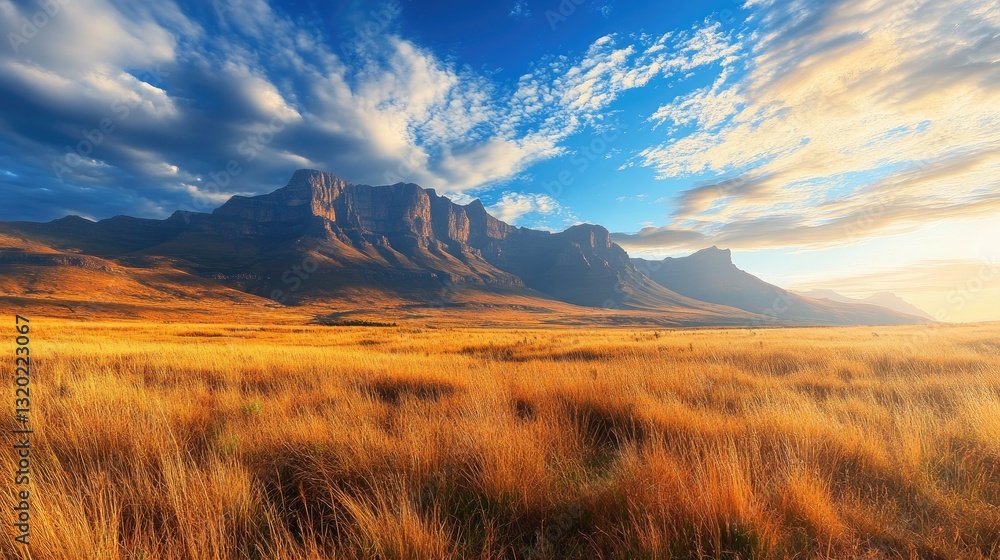 Obraz premium A stunning scenic panorama of mountains and grasslands under a bright sky