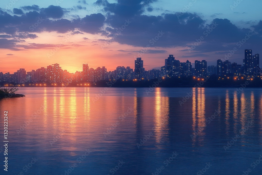 Fototapeta premium Twilight Reflections Over Mumbai Skyline at Night