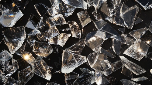 101.A visual of broken glass, with fragments scattering in all directions, each piece catching light and reflecting its surroundings, set against a black background to accentuate the dramatic