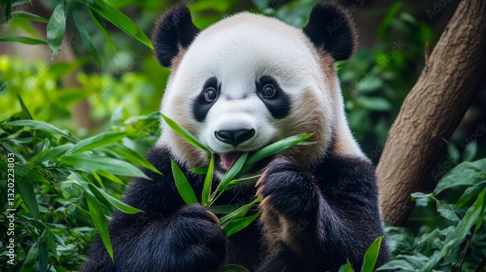Obraz premium Giant panda eating bamboo in a lush green forest generative ai