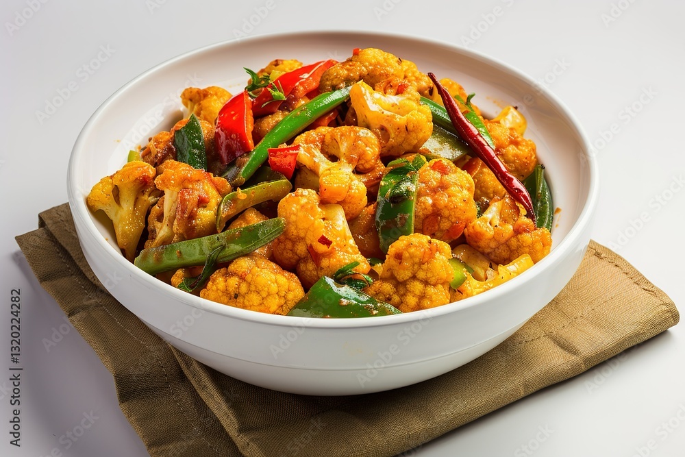 Delicious cauliflower stir-fry with green beans peppers and spices in white bowl Delicious cauliflower stir-fry with green beans peppers and spices in white bowl