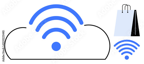 Cloud with wireless signal symbolizing wireless data sharing and shopping bags representing e-commerce. Ideal for technology, connectivity, cloud computing, online shopping, data access, digital