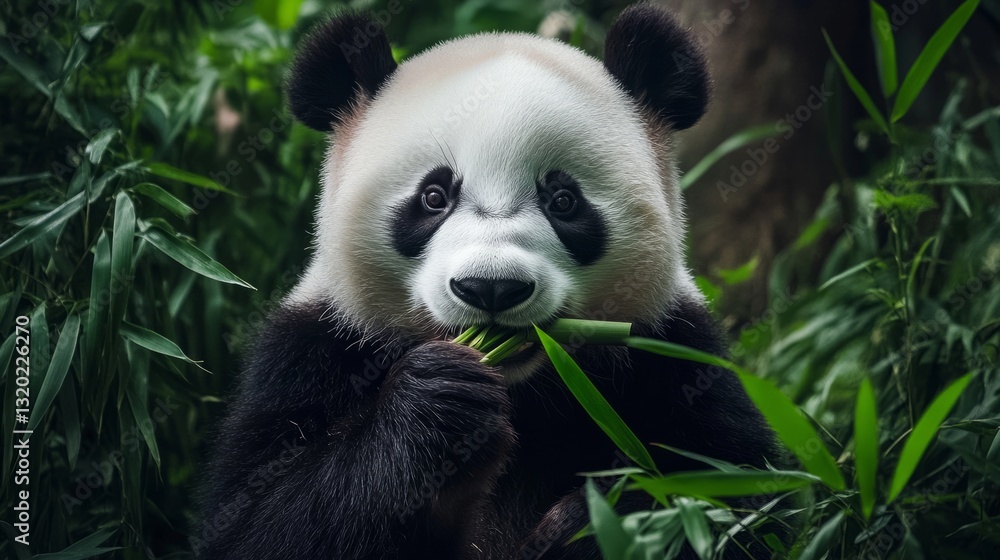 Obraz premium Giant panda eating bamboo in a lush green forest generative ai