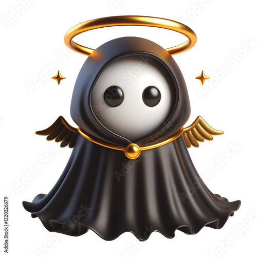 Cute 3d BLACK ghost cloak surrounded by a golden halo isolated on white background