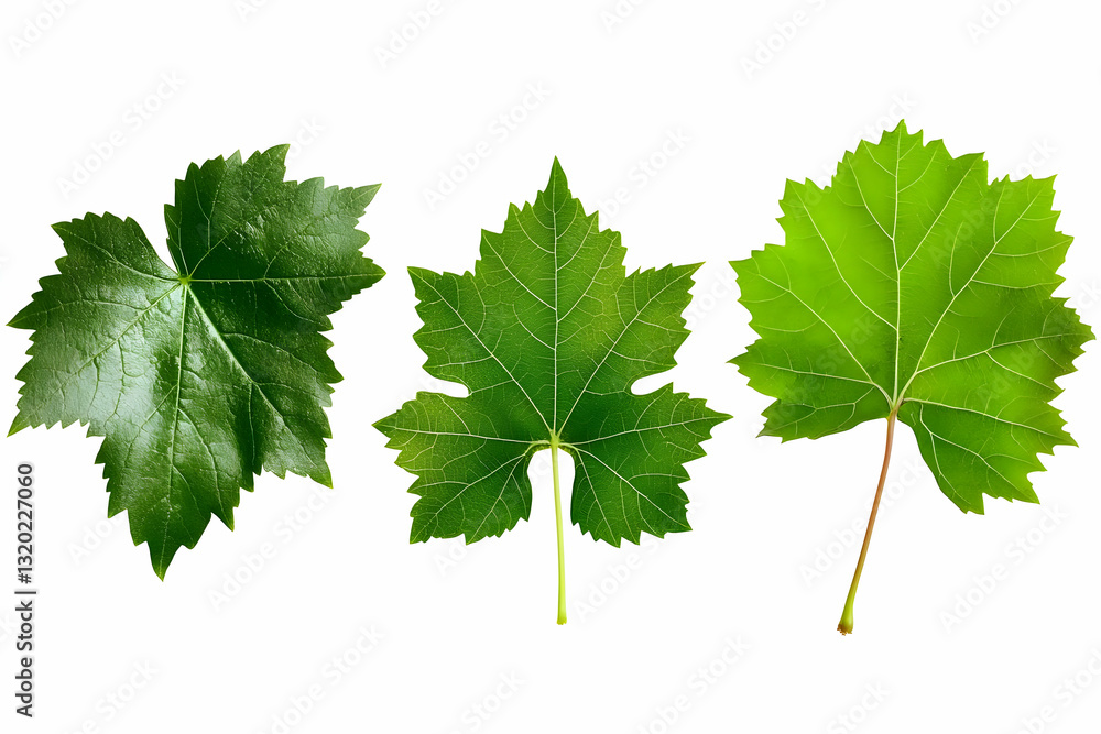 Three Vibrant Green Grape Leaves Isolated on White Background, Detailed Botanical Illustration of Foliage, Showing Variations in Leaf Shape and Texture. Three Vibrant Green Grape Leaves Isolated on White Background, Detailed Botanical Illustration of Foliage, Showing Variations in Leaf Shape and Texture.