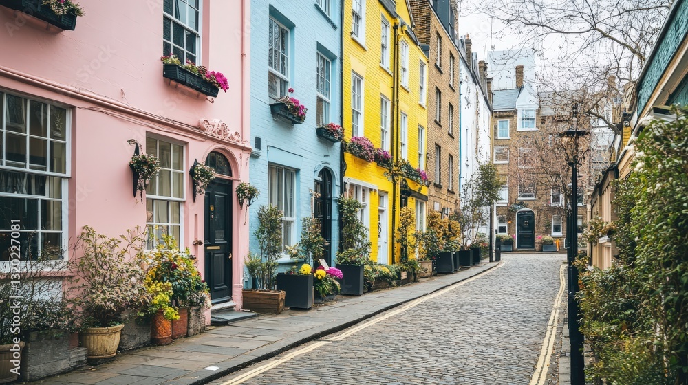 Obraz premium Colorful Street with Flower Boxes for Holiday Cheer