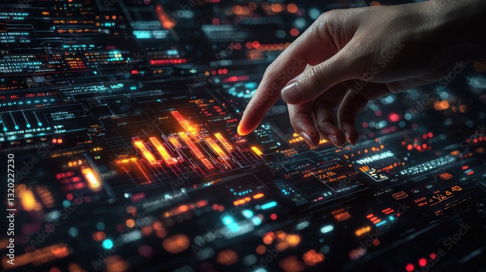 Hand touches digital interface showcasing analytical financial charts and data Hand touches digital interface showcasing analytical financial charts and data