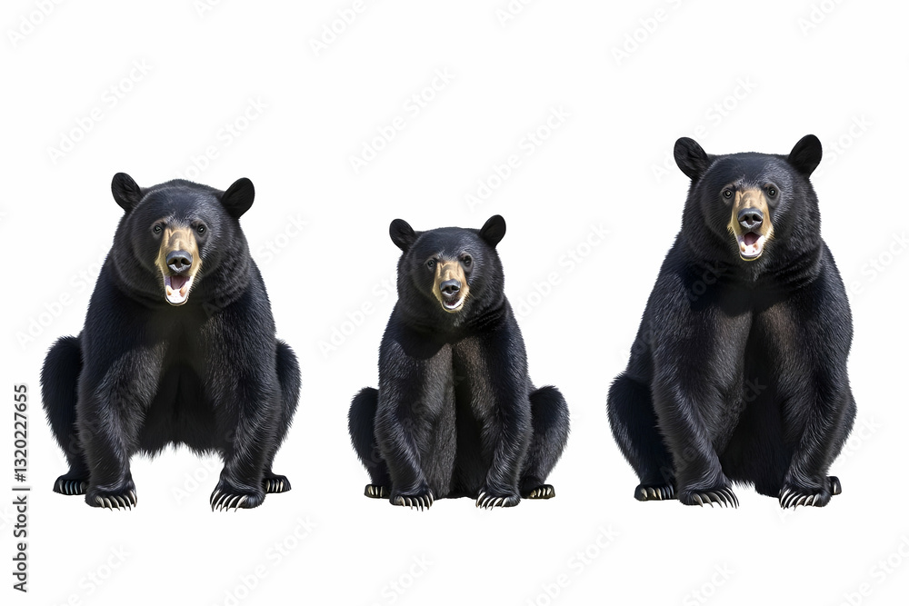 Three American Black Bears Sitting, Isolated on White Background, Wildlife Illustration Three American Black Bears Sitting, Isolated on White Background, Wildlife Illustration