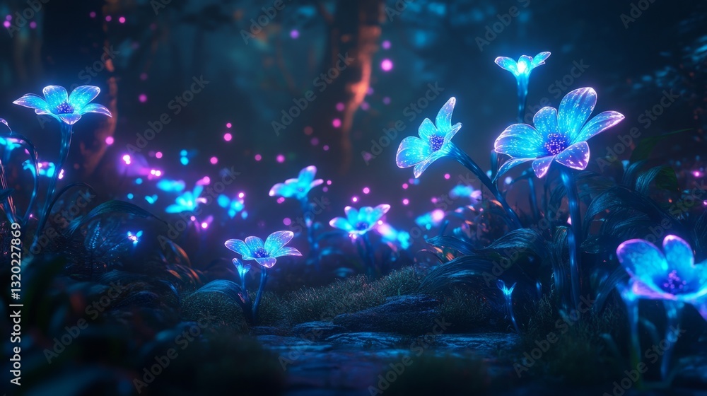 Glowing bioluminescent flowers in a dark, haunted forest generative ai Glowing bioluminescent flowers in a dark, haunted forest generative ai