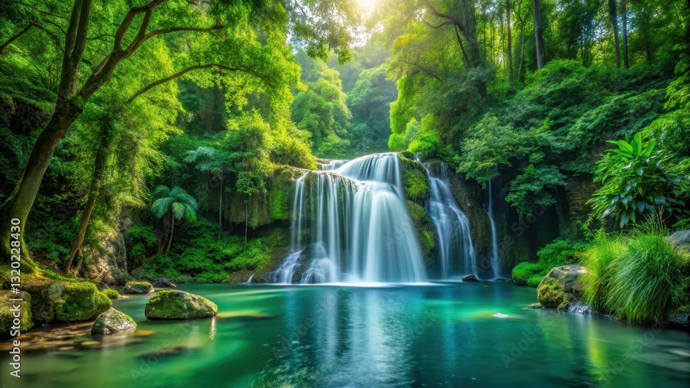 waterfall in forest with lush greenery surrounding it, greenery, serene waterfall waterfall in forest with lush greenery surrounding it, greenery, serene waterfall