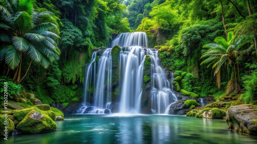Waterfall cascading gracefully in the midst of a lush forest, trees, forest, trees, forest, vegetation Waterfall cascading gracefully in the midst of a lush forest, trees, forest, trees, forest, vegetation
