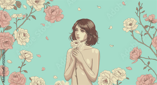 flower with girl, floral, romantic