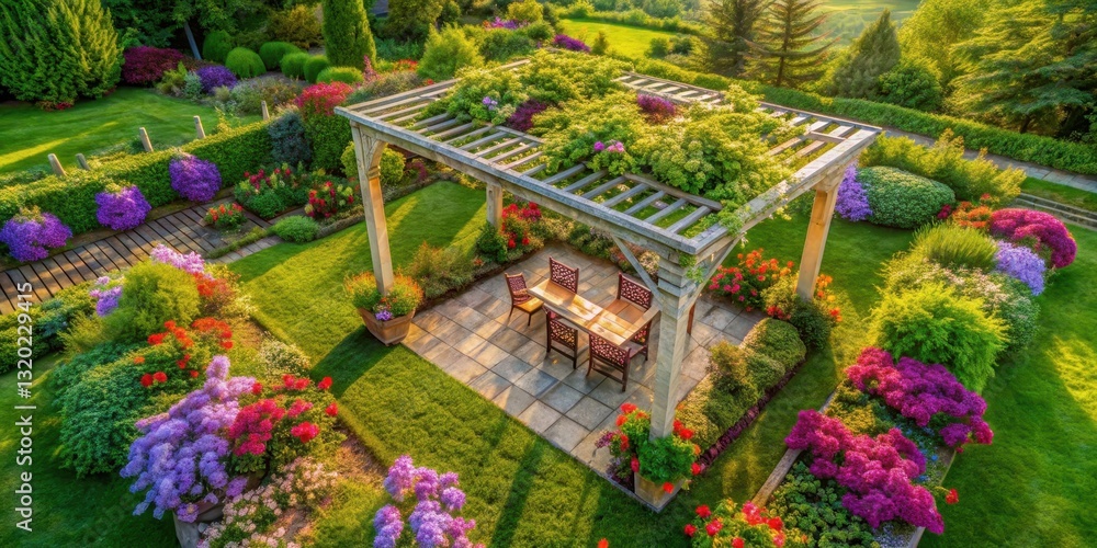 Aerial view of a pergola surrounded by lush green vines and flowers , outdoor, pergola Aerial view of a pergola surrounded by lush green vines and flowers , outdoor, pergola