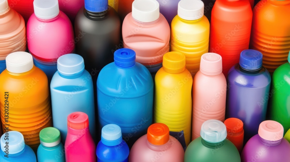 Colorful Collection of Plastic Bottles in Various Shapes and Sizes on Display, Showcasing Vibrant Hues and Diverse Designs Colorful Collection of Plastic Bottles in Various Shapes and Sizes on Display, Showcasing Vibrant Hues and Diverse Designs