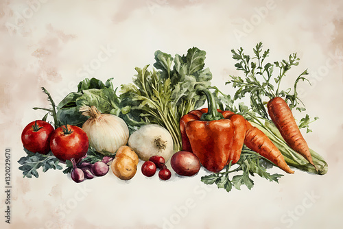 Harvest Bounty: An artfully arranged still life captures the vibrant colors and textures of freshly harvested garden vegetables, inviting viewers to savor the wholesome essence of the harvest season.