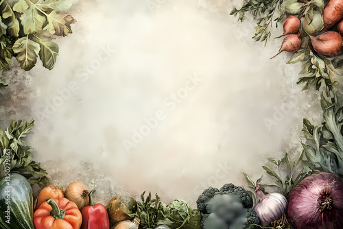 Harvest Bounty: An artistic collection of fresh vegetables and leafy greens, creatively arranged to frame a central space, evoking the essence of organic abundance and culinary delight.