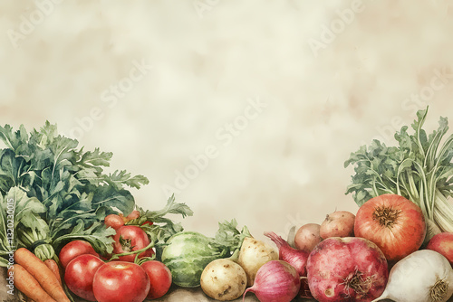 Abundance of Organic Produce: A vibrant array of fresh, organic vegetables and fruits, bursting with color and texture, artfully arranged in a bountiful display.
