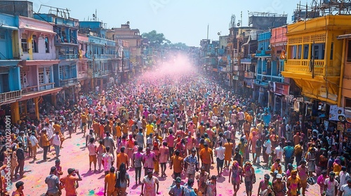 Wallpaper Mural Vibrant scene of Holi in a bustling Indian city with people of all ages celebrating together Torontodigital.ca