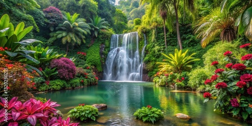 Dense foliage surrounds a serene and tranquil tropical garden with lush greenery and vibrant flowers surrounding majestic waterfall in background , garden, tranquil