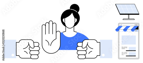 Woman raising open hand between two opposing fists, suggesting choice or mediation. Solar panel and online storefront highlight sustainability, technology, entrepreneurship. Ideal for decisions
