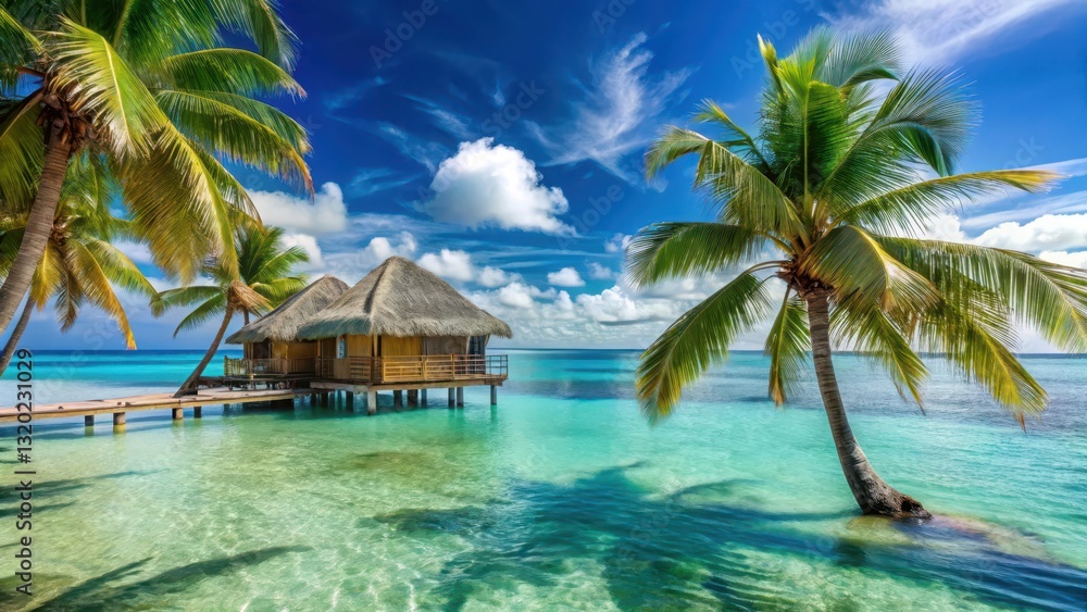Fototapeta premium Palm trees swaying gently in the breeze, with a serene overwater bungalow and crystal-clear turquoise waters in the background, relaxation, crystal clear waters