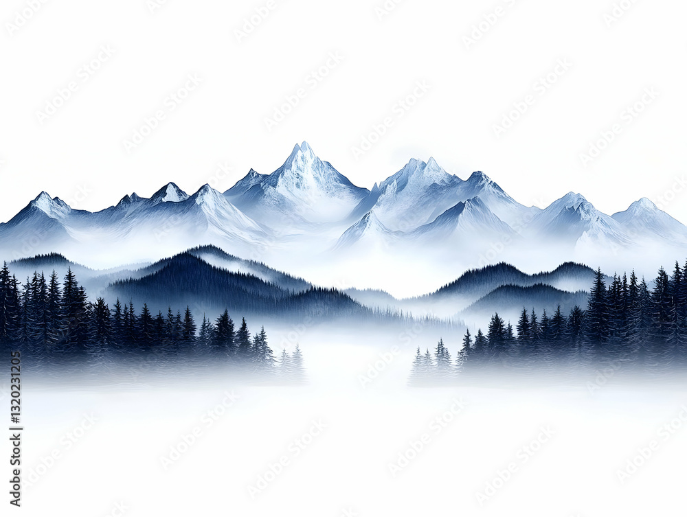 Misty Mountains and Evergreen Forest Digital Painting, a Serene Winter Landscape Illustration with Blue Hues Misty Mountains and Evergreen Forest Digital Painting, a Serene Winter Landscape Illustration with Blue Hues