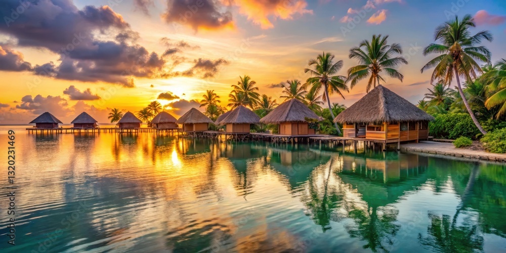 serene waters at sunset with overwater bungalows surrounded by lush greenery and exotic palm trees , nature scenery, tropical paradise serene waters at sunset with overwater bungalows surrounded by lush greenery and exotic palm trees , nature scenery, tropical paradise