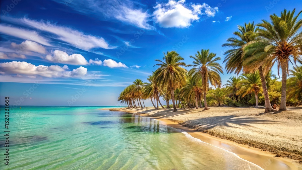 Fototapeta premium Warm sandy beach with palm trees swaying in the breeze and turquoise waters lapping at the shore on a sunny Djerba Island day