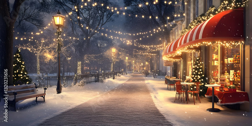 Wallpaper Mural Snowy Christmas Eve Street Scene: 3D Render of a charming snow-covered street with festive lights, decorated shops, and a cozy outdoor cafe, creating a magical winter wonderland ambiance. Torontodigital.ca