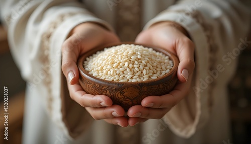 Hands holding a wooden bowl of rice grains for zakat, Islamic zakat ,  fitrah zakat. photo