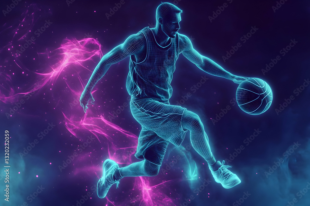 3D Wireframe Basketball Player Leaps with Ball, Abstract Background of Neon Hues 3D Wireframe Basketball Player Leaps with Ball, Abstract Background of Neon Hues