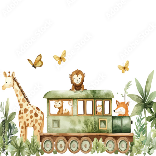 Cute watercolor train with giraffe, lion and elephant in the jungle on white background
