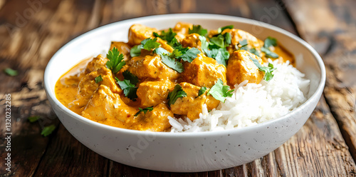 Wallpaper Mural Delicious Butter Chicken Delight: A mouthwatering serving of butter chicken, a creamy, aromatic Indian curry, served atop a bed of fluffy, perfectly cooked white rice, garnished with fresh herbs.  Torontodigital.ca