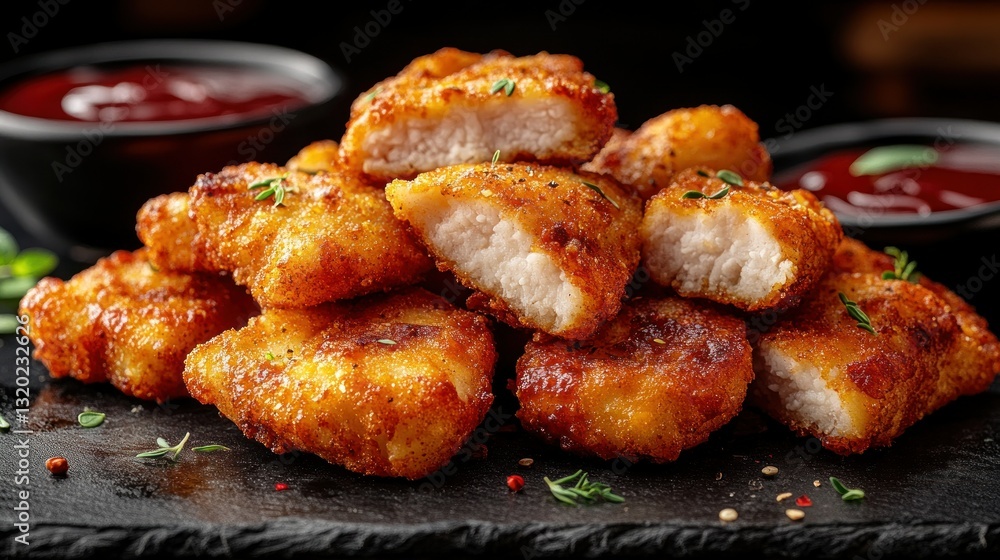 Crispy, golden-brown chicken nuggets with dipping sauce Crispy, golden-brown chicken nuggets with dipping sauce